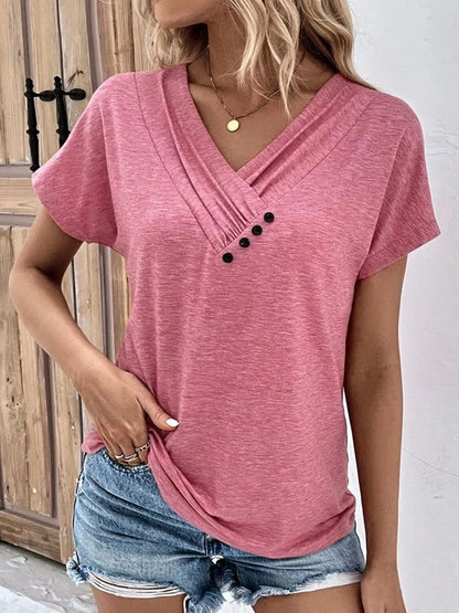 Decor Button Short Sleeve T-Shirt - Fashorio
