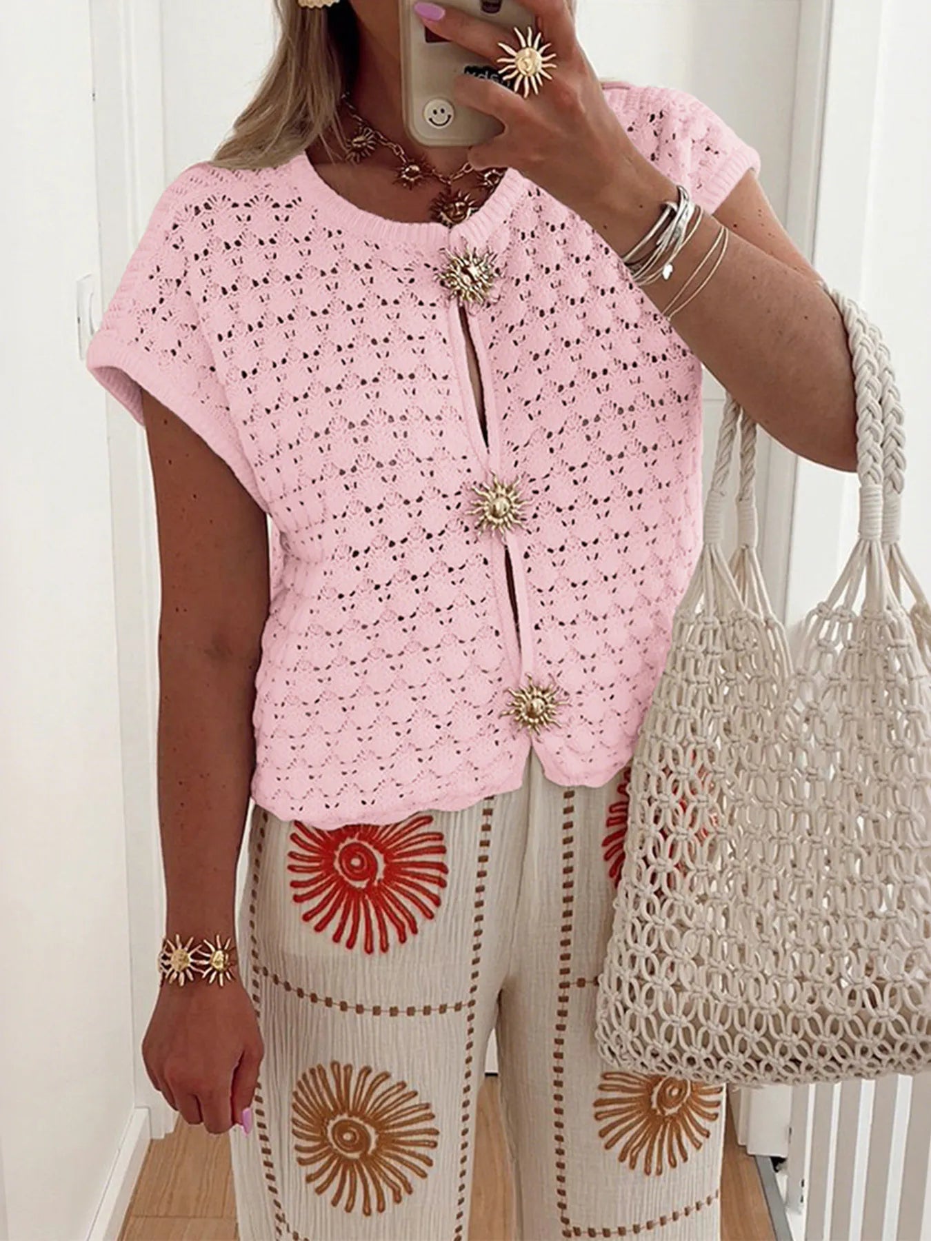 Crochet Short Sleeve Button Front Cardigan Pink - Fashorio