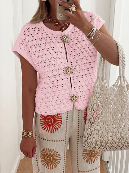 Crochet Short Sleeve Button Front Cardigan Pink - Fashorio
