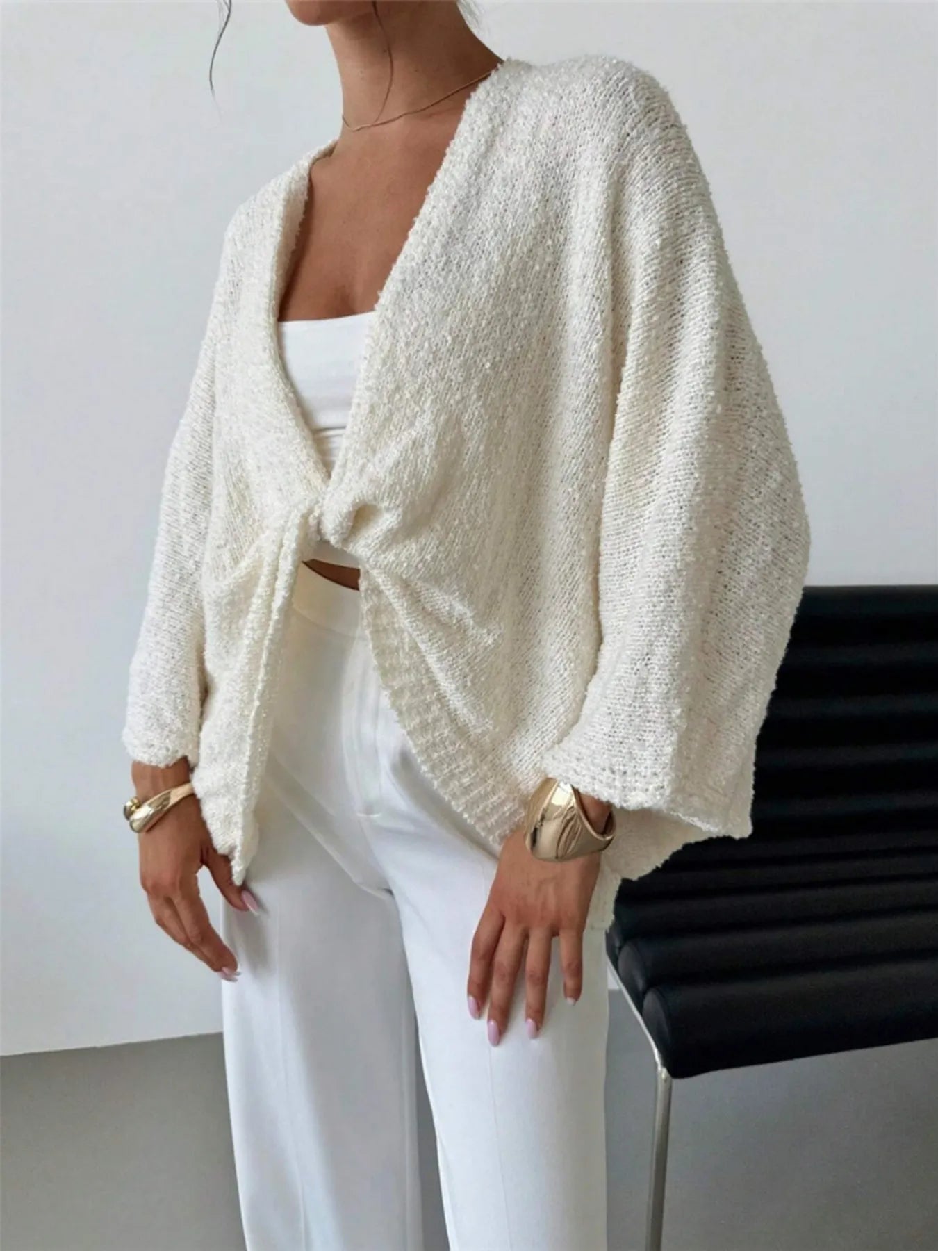 Twist-Front Textured Knit Cardigan - Fashorio
