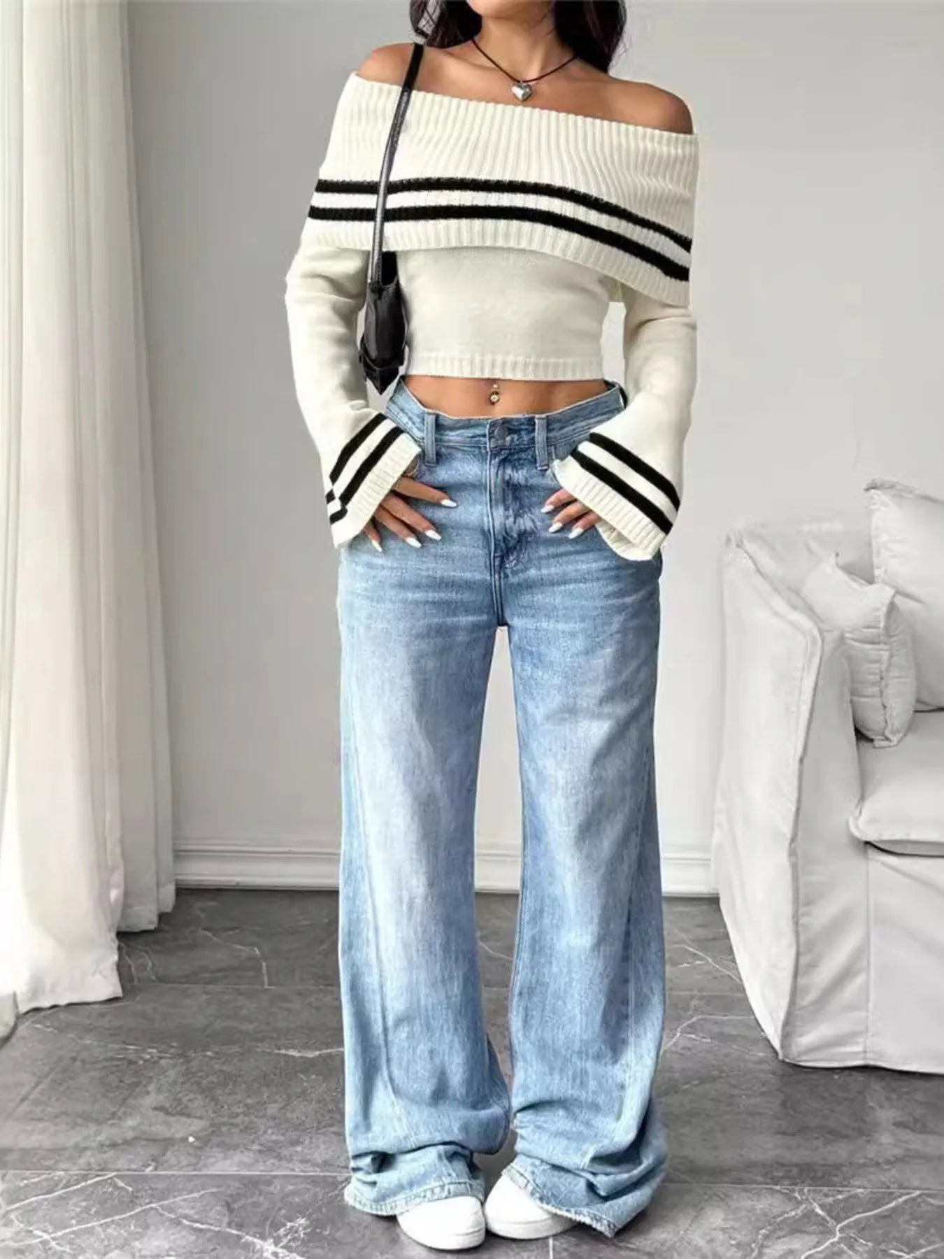 Ribbed Off-Shoulder Striped Knit Top - Fashorio