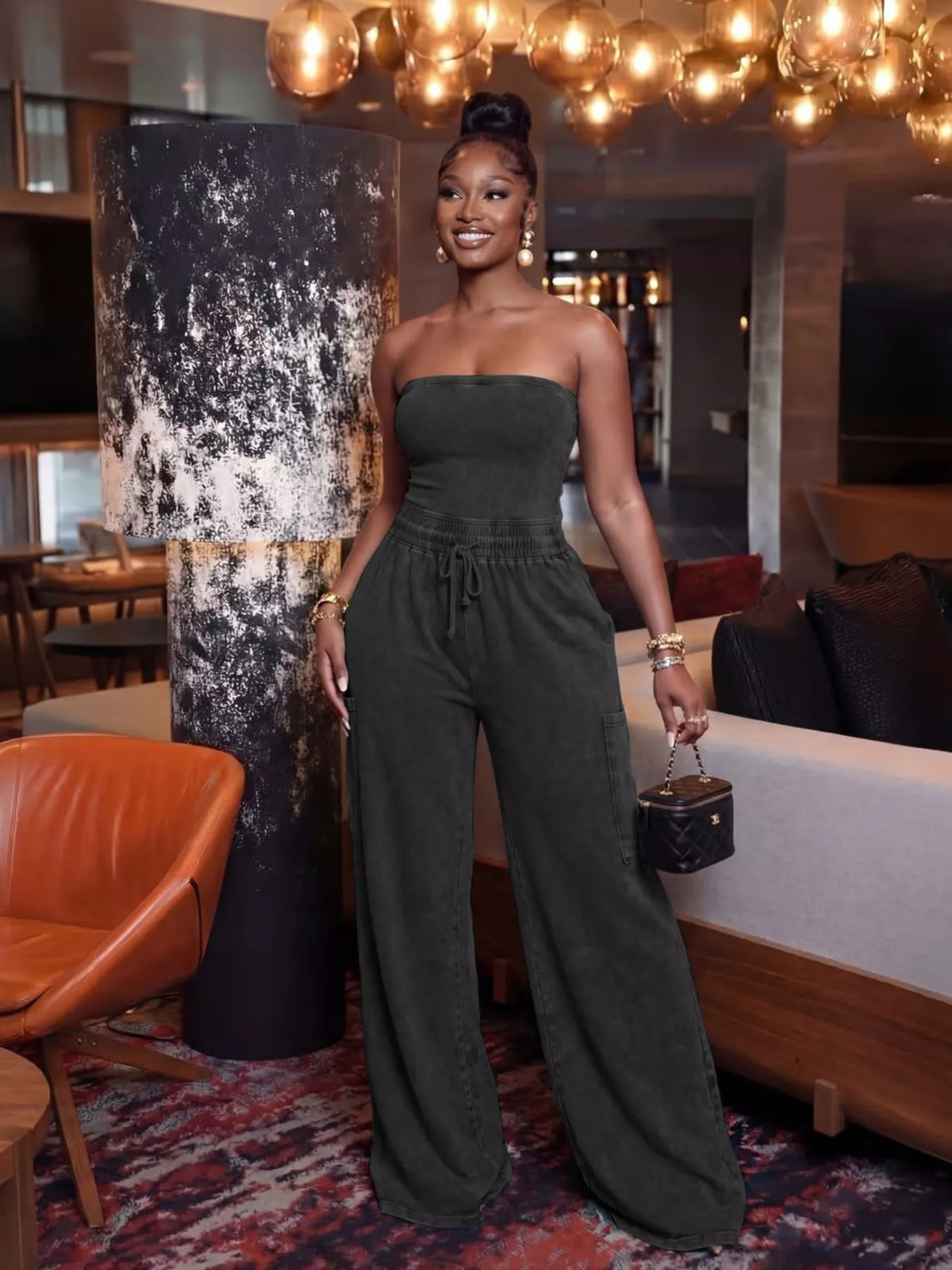 Black wide leg jumpsuit full length