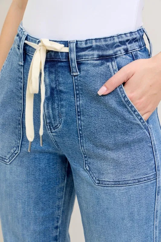 High waist denim joggers fabric texture