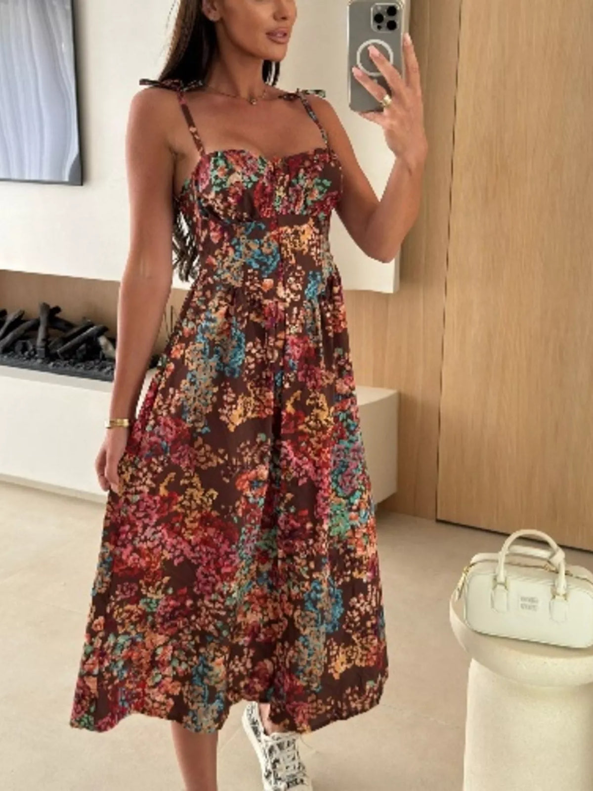 Printed tie strap midi dress styled view