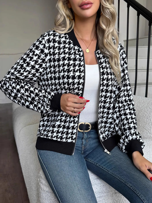 Zip Up Houndstooth Pattern Jacket Black - Fashorio