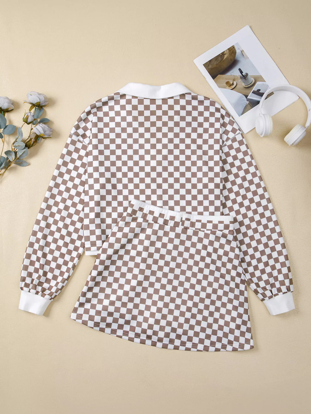 Checkered Print Polo Collar Cropped Long Sleeve Top and Drawstring Mini Skirt Set close up