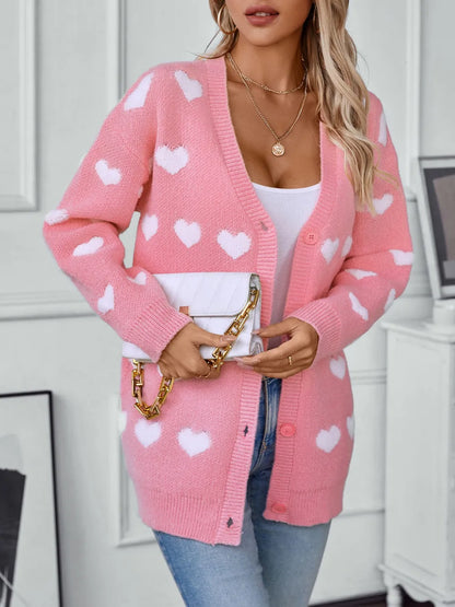 Heart V-Neck Button Up Long Sleeve Cardigan - Fashorio