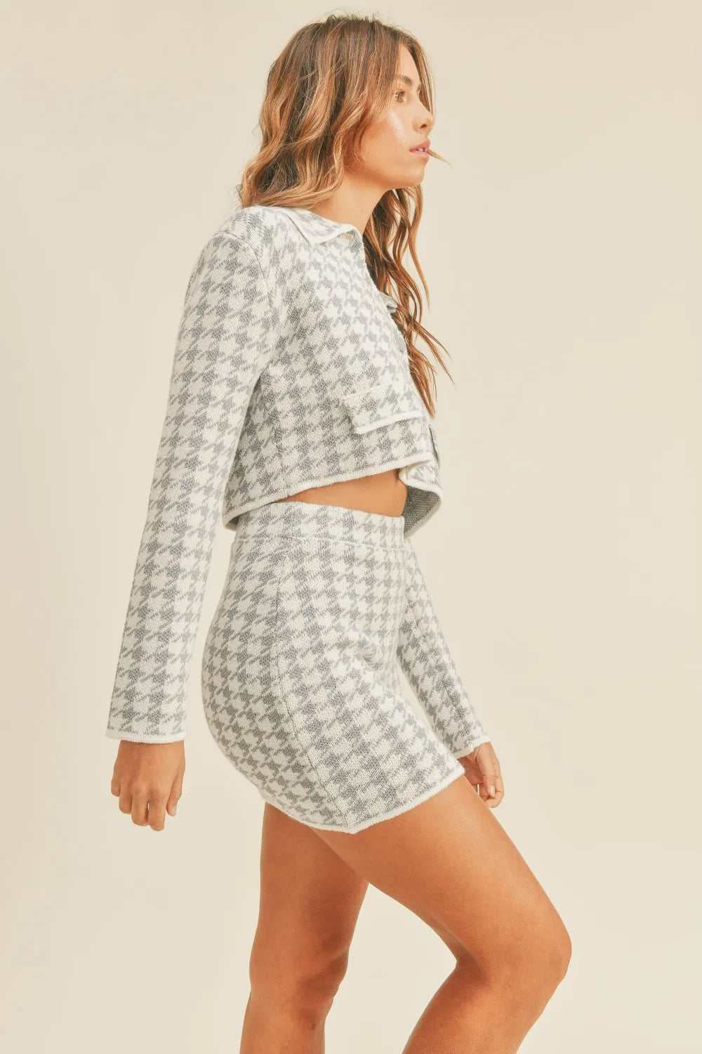 Houndstooth Cropped Knit Cardigan and Mini Skirt Set styled look