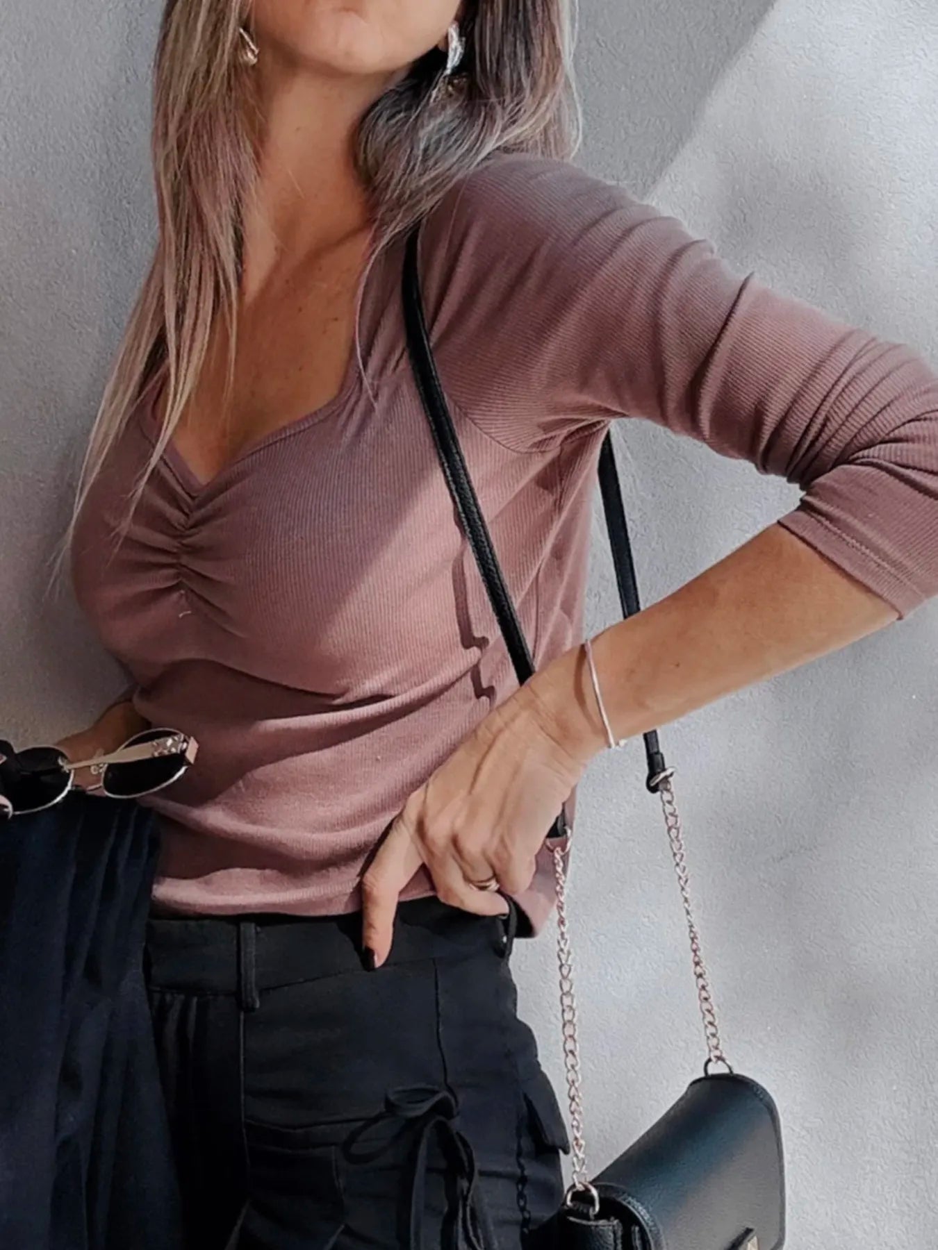 Ruched Front Long Sleeve T-Shirt - Fashorio