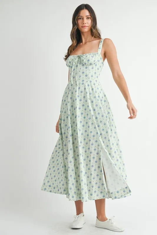 Floral Print Bustier Back Lace Up Midi Dress view 12