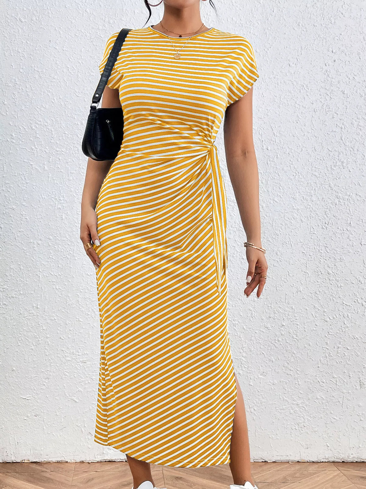 Striped tie waist dress in dark gray, front view