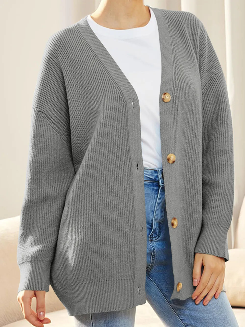 Button Down V-Neck Long Sleeve Cardigan - Fashorio