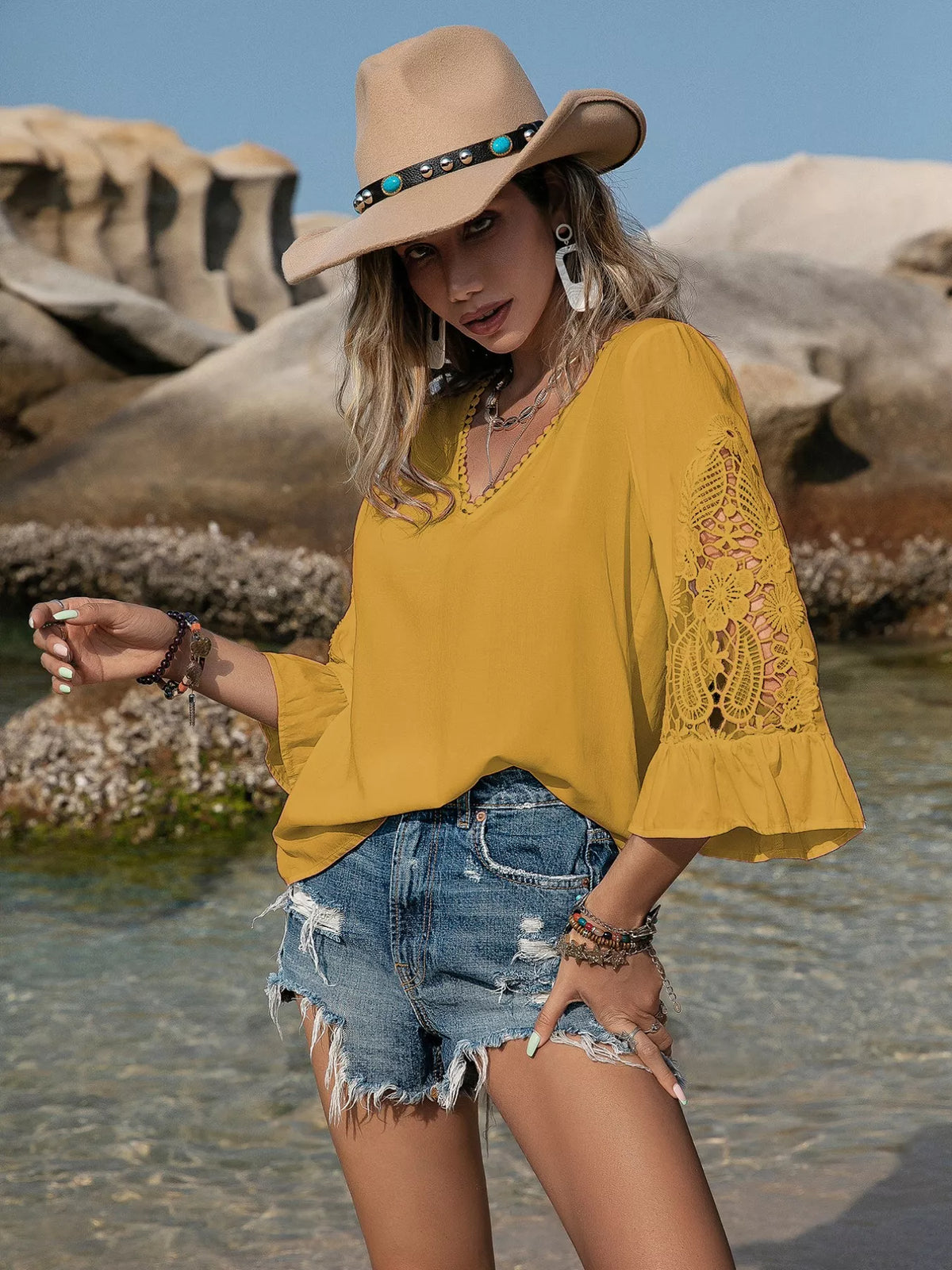 Lace Sleeve V-Neck Blouse, view 17