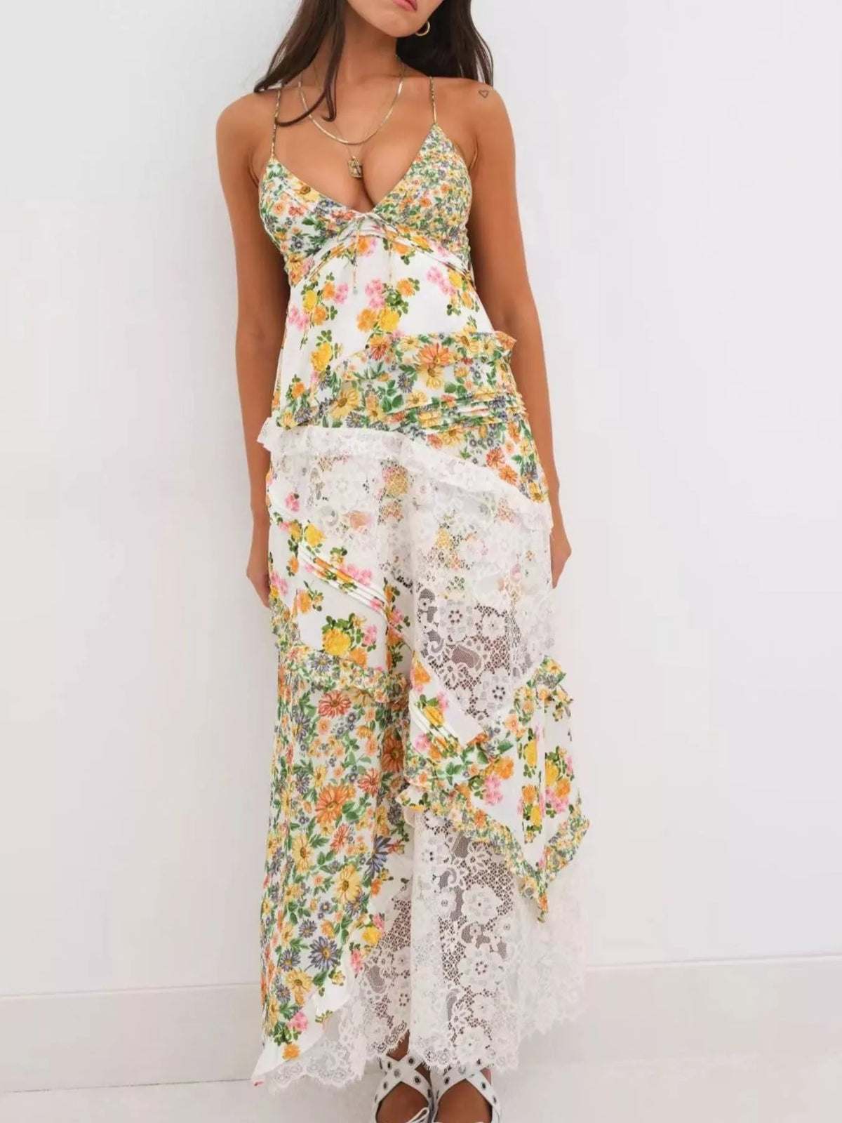 Full length lace maxi dress styled for an event