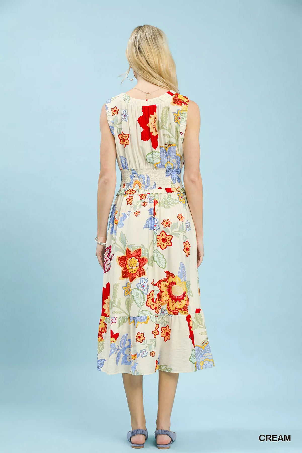 Cream floral smocked midi dress side view