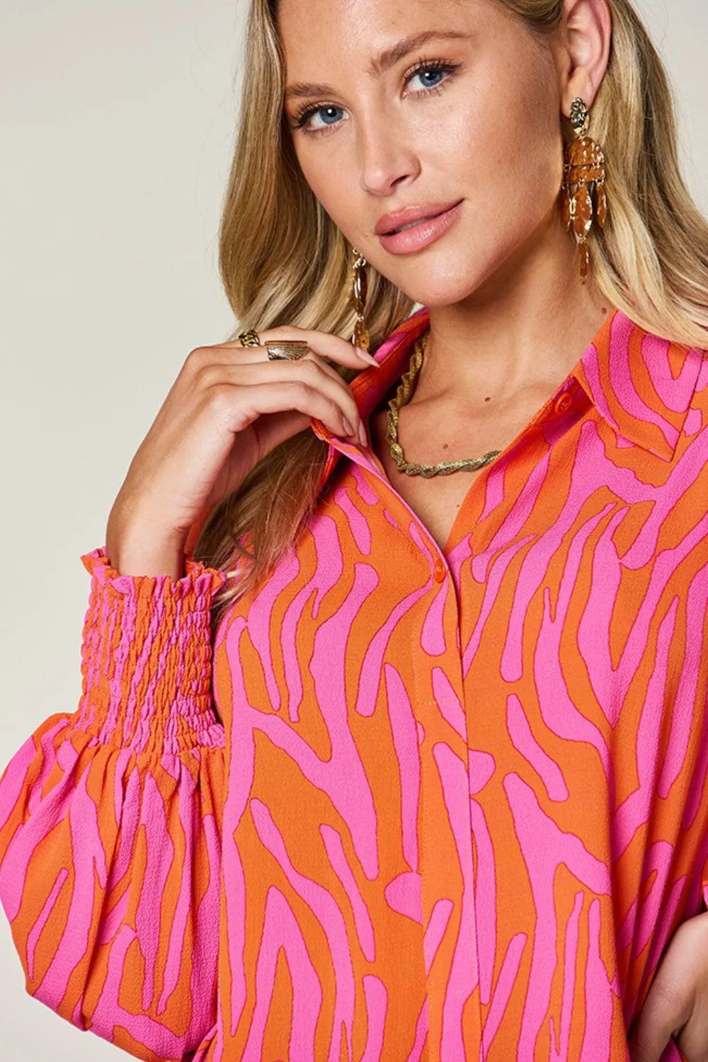 Double Take Printed Smocked Long Sleeve Blouse, view 31