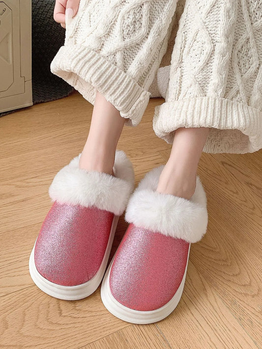 Faux Fur Lined Winter Slippers Red - Fashorio