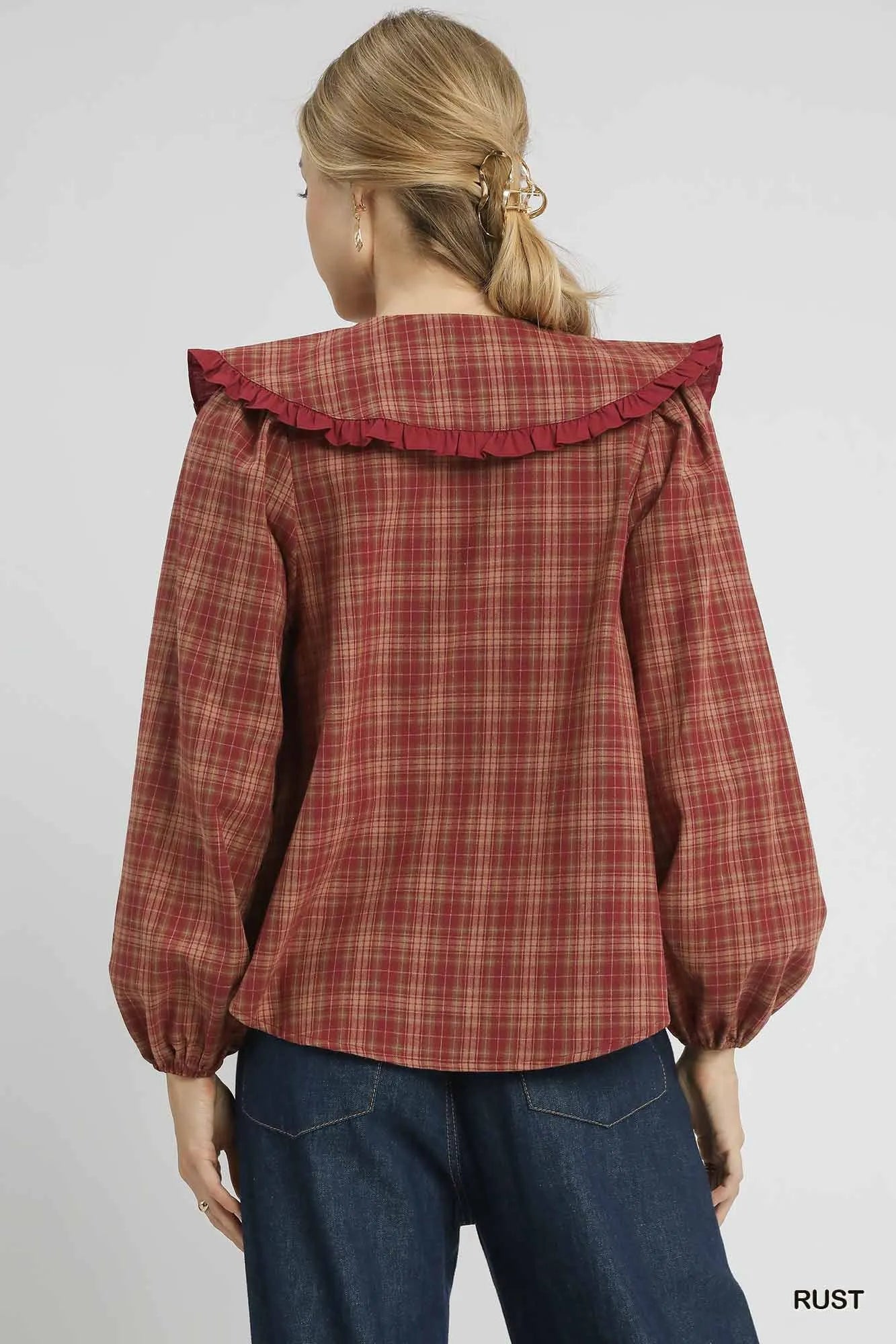 Umgee Full Size Plaid Ruffle Collar Blouse Plus Size - Fashorio