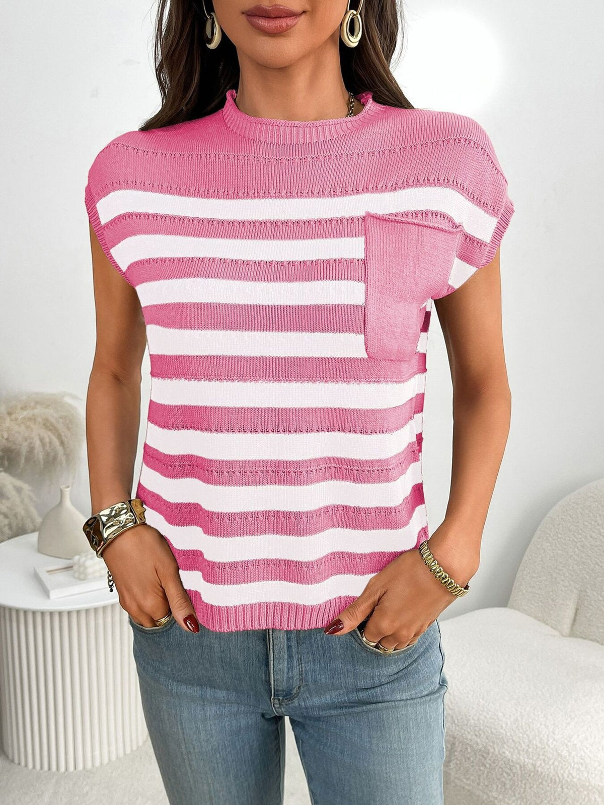 Relaxed striped cap sleeve sweater styled outfit