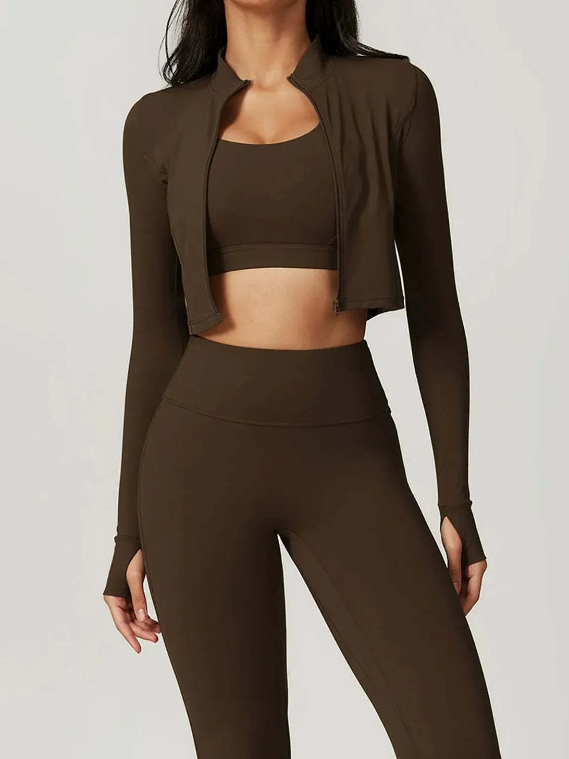 Bra Outerwear and Leggings 3-Piece Active Set Dark Brown - Fashorio