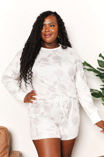 Double Take Floral Long Sleeve Top and Shorts Loungewear Set White - Fashorio