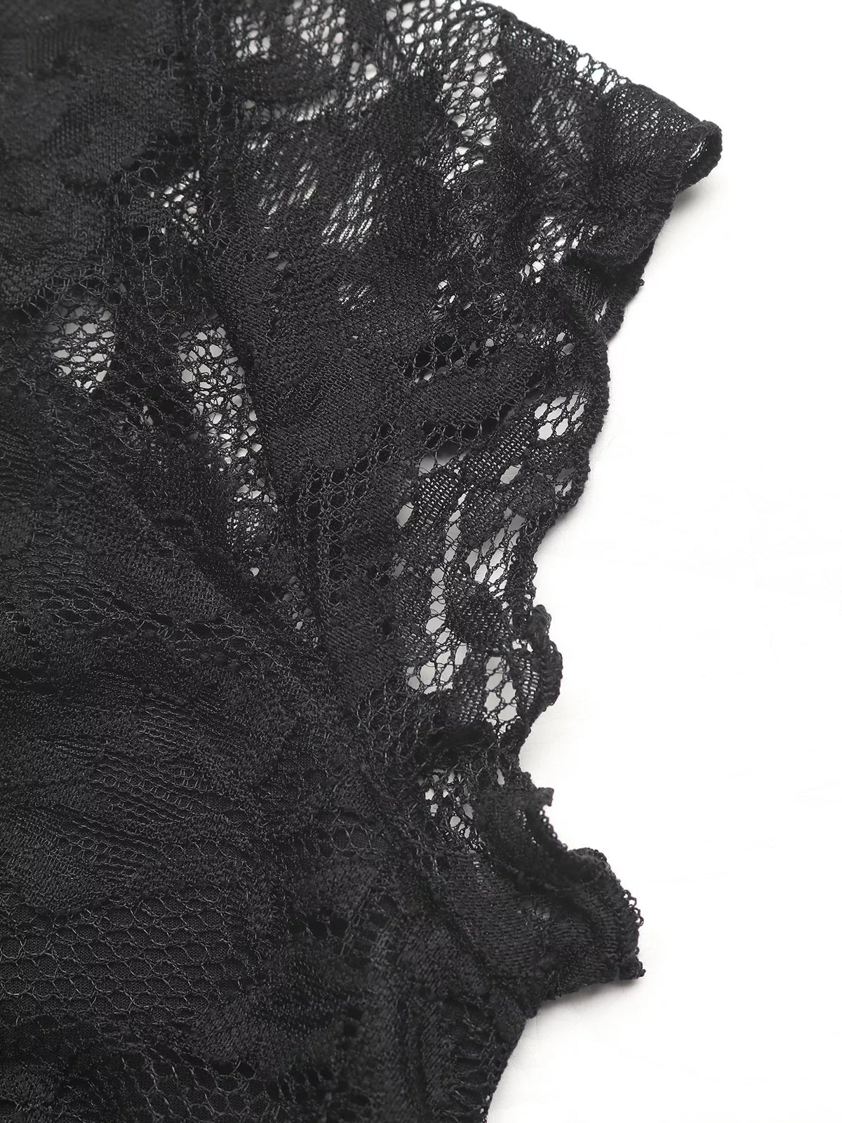Black lace V neck slim fit top flat lay view