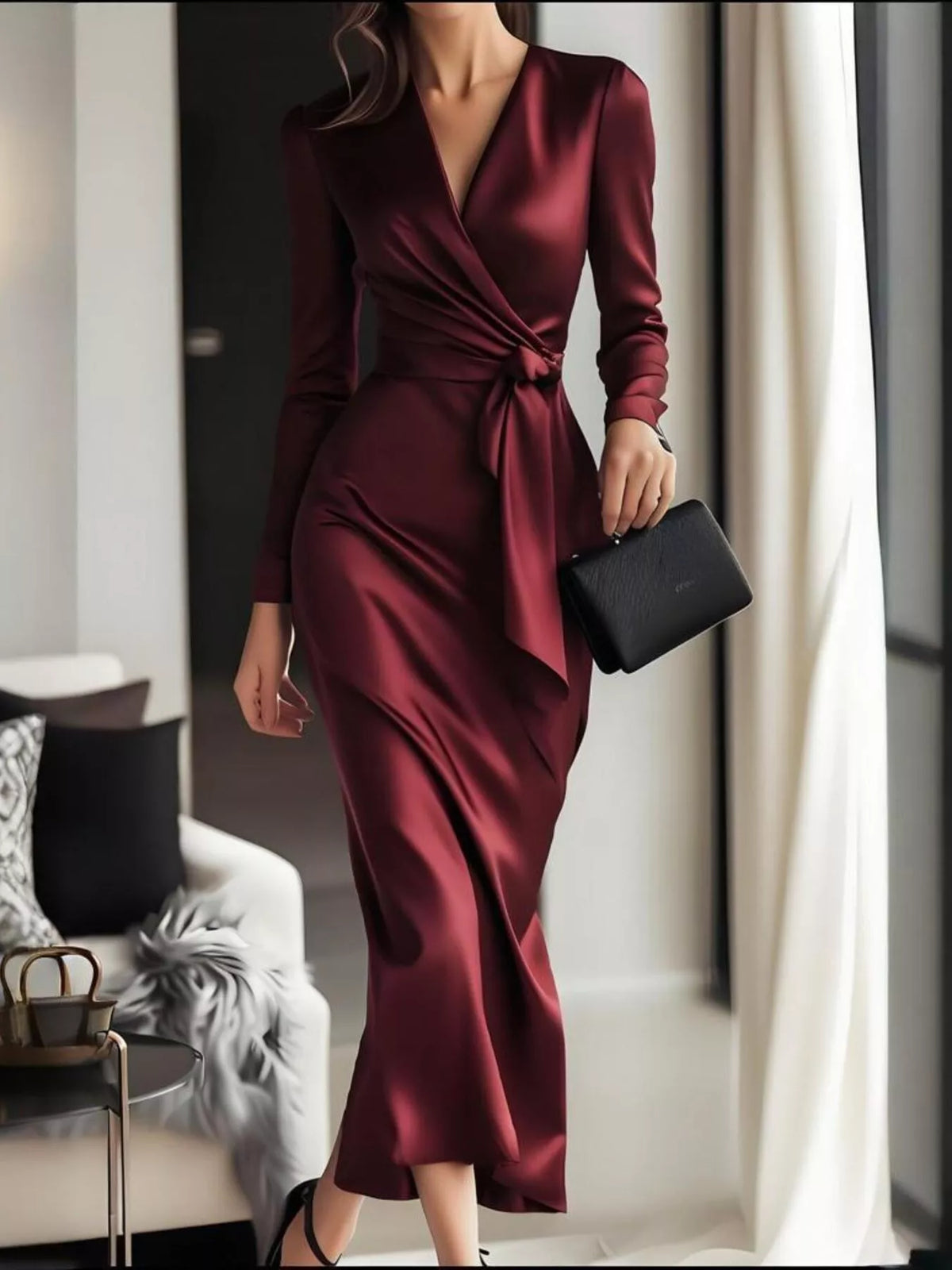 Red satin surplice long sleeve maxi dress front view