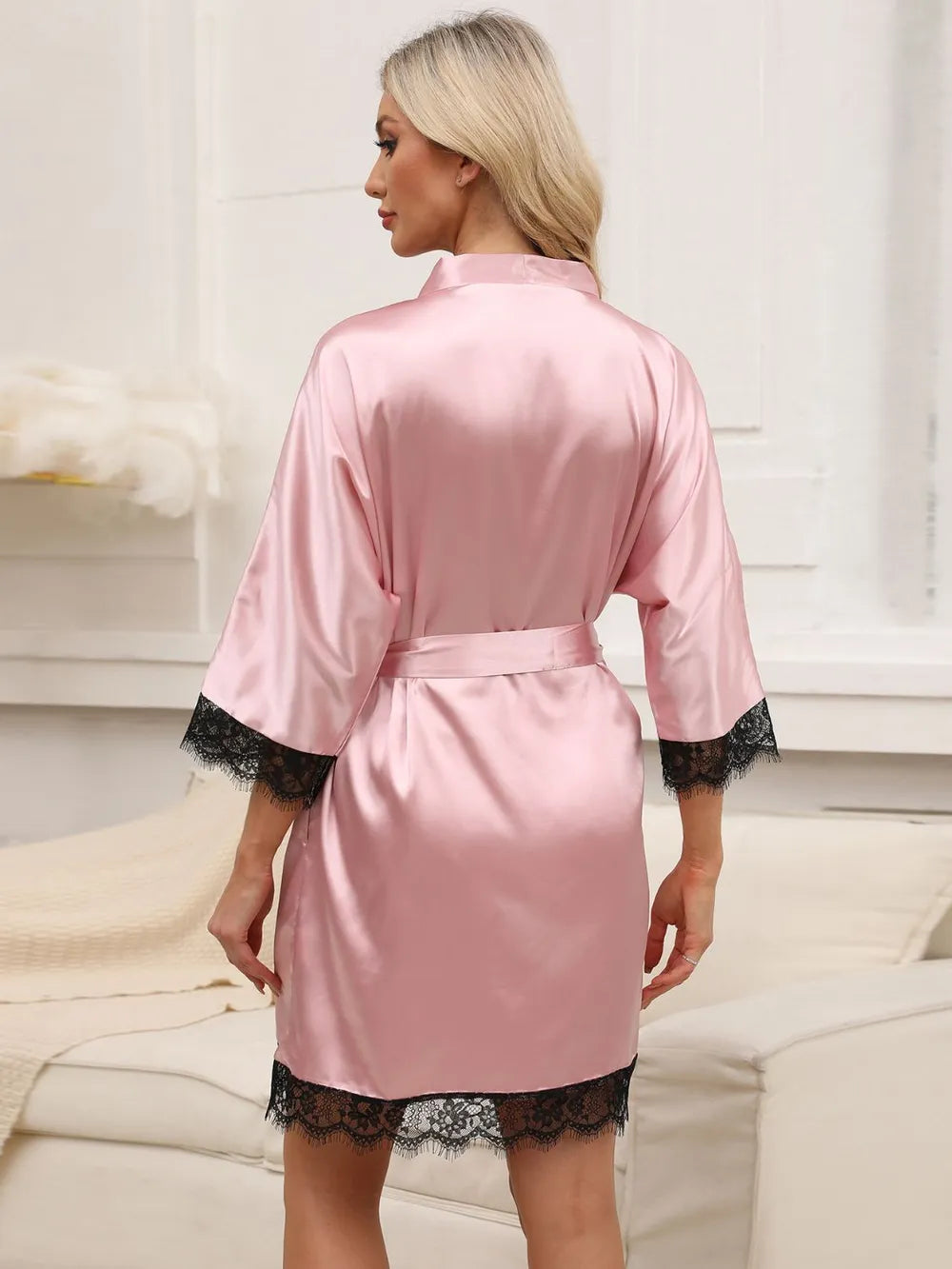 Tied Lace Detail Three-Quarter Sleeve Lounge Nightgown - Fashorio