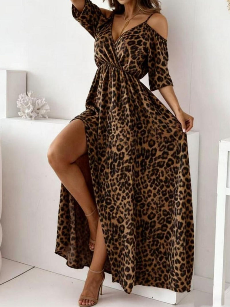 leopard cold shoulder slit maxi dress front view