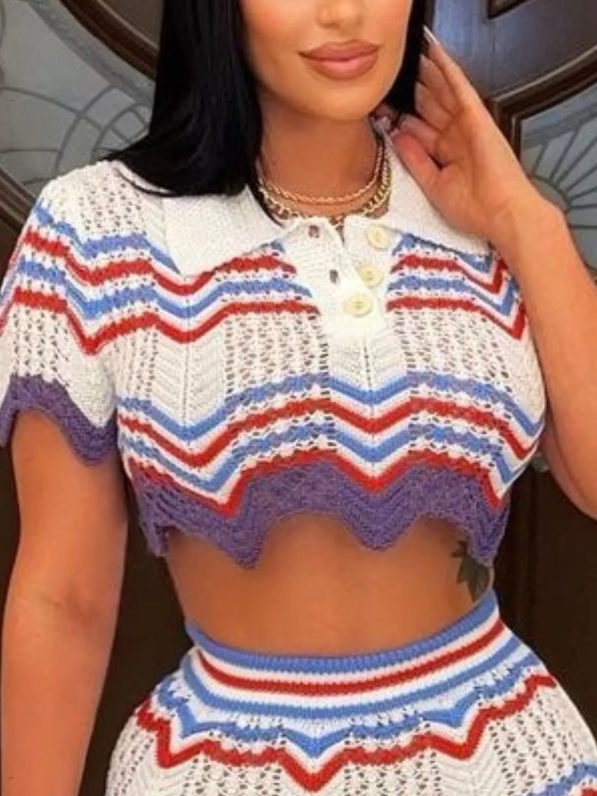 Chevron Knit Polo Crop Top and Mini Skirt Set, view 5