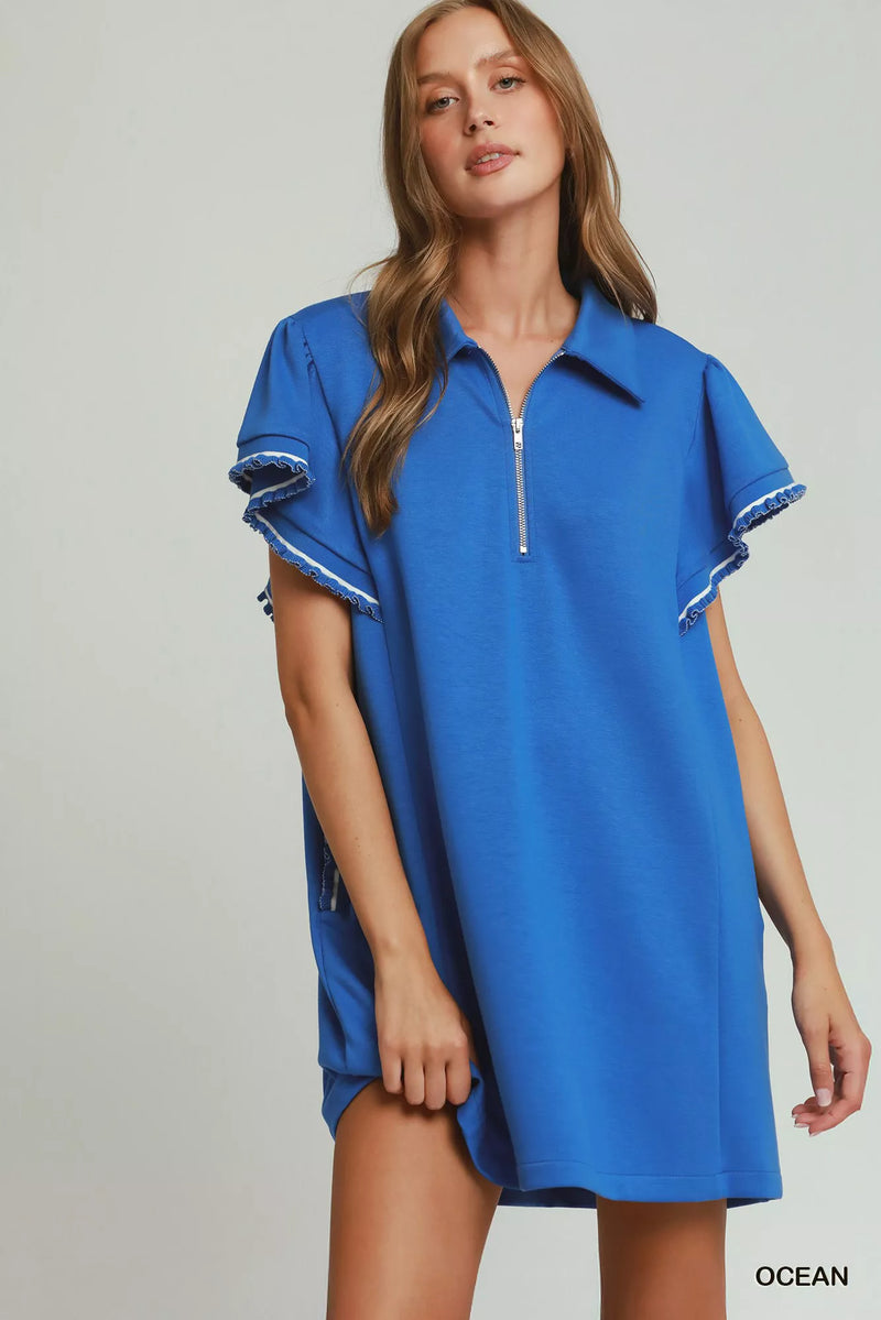Ocean blue half zip butterfly sleeve mini dress front view