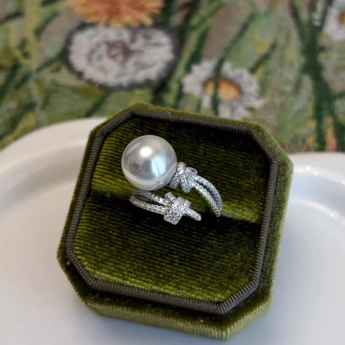 pearl and zircon bypass ring in sterling silver detail shot