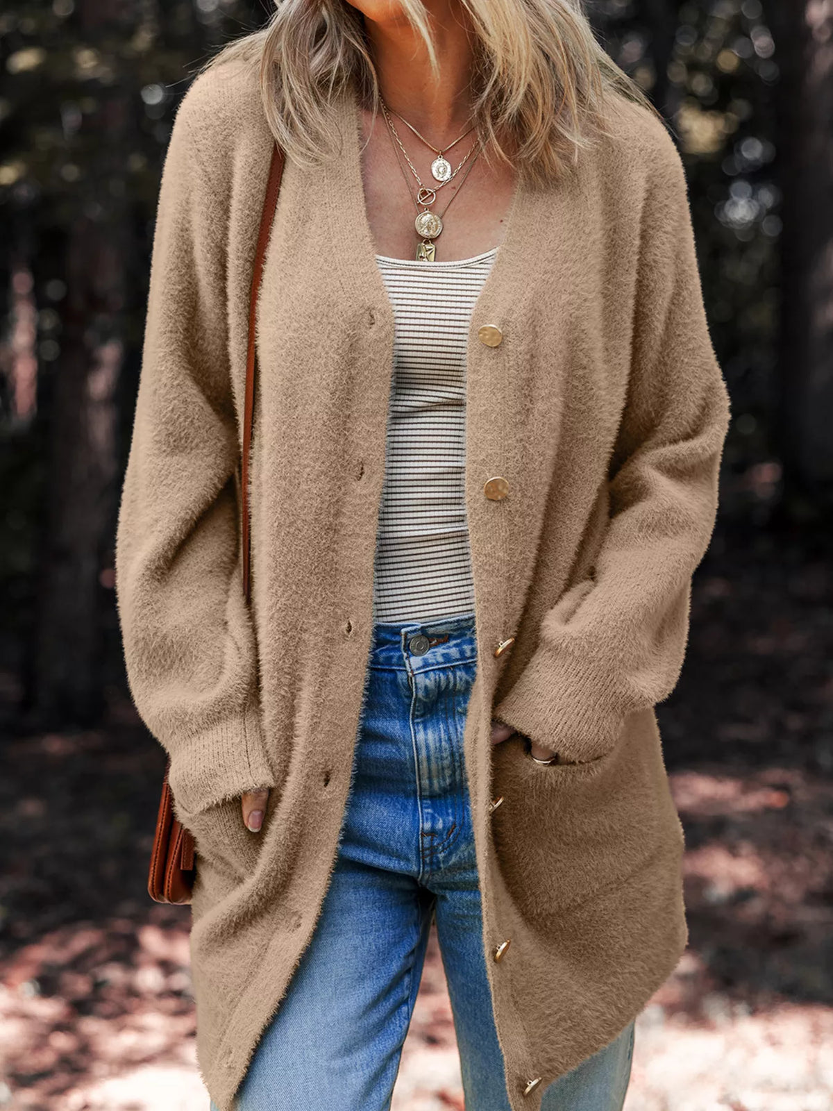 Longline fuzzy cardigan side view