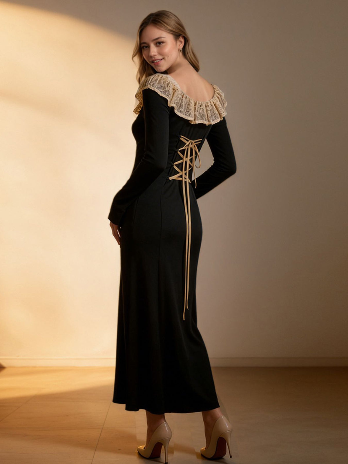 lace collar long sleeve dress side view