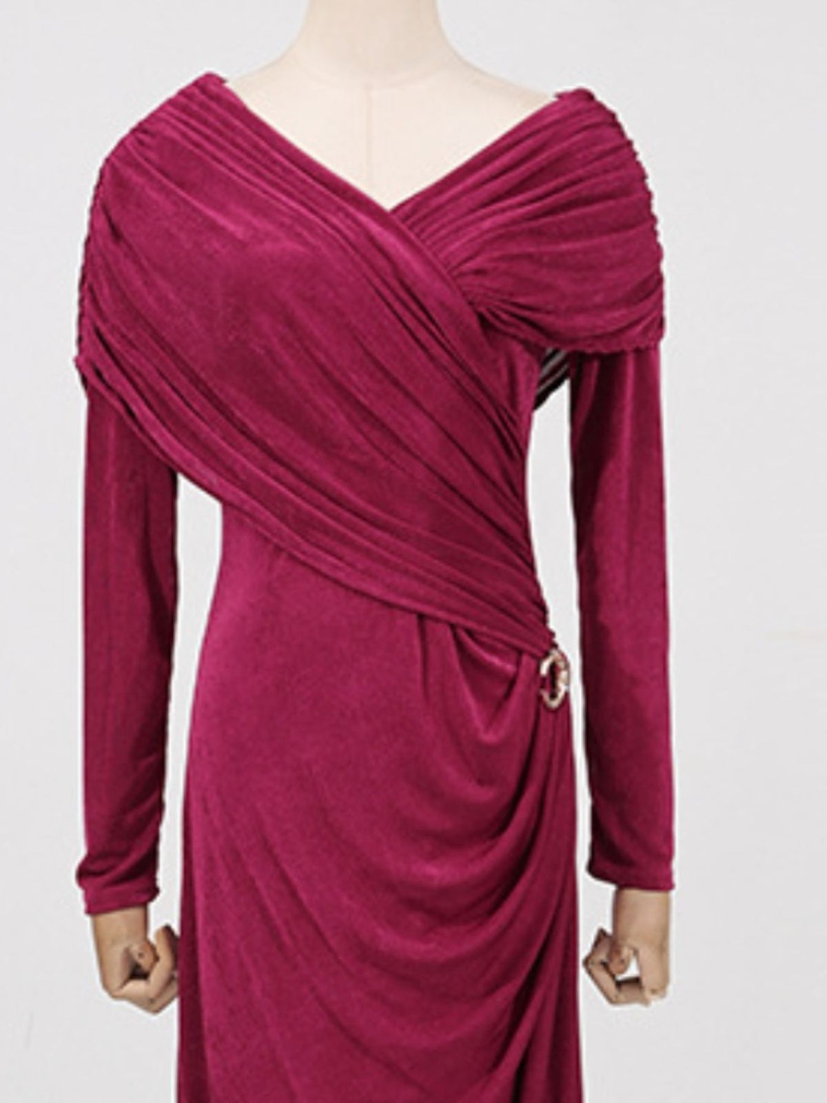 ruched draped long sleeve maxi dress movement shot