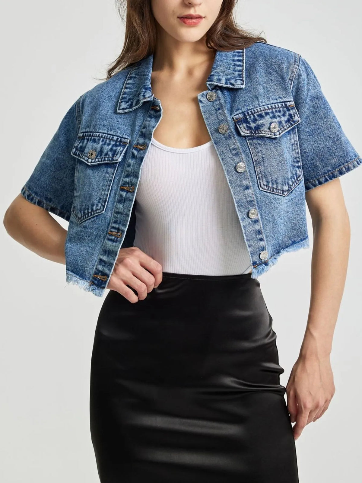 Cropped Short Sleeve Denim Jacket in Blue on model