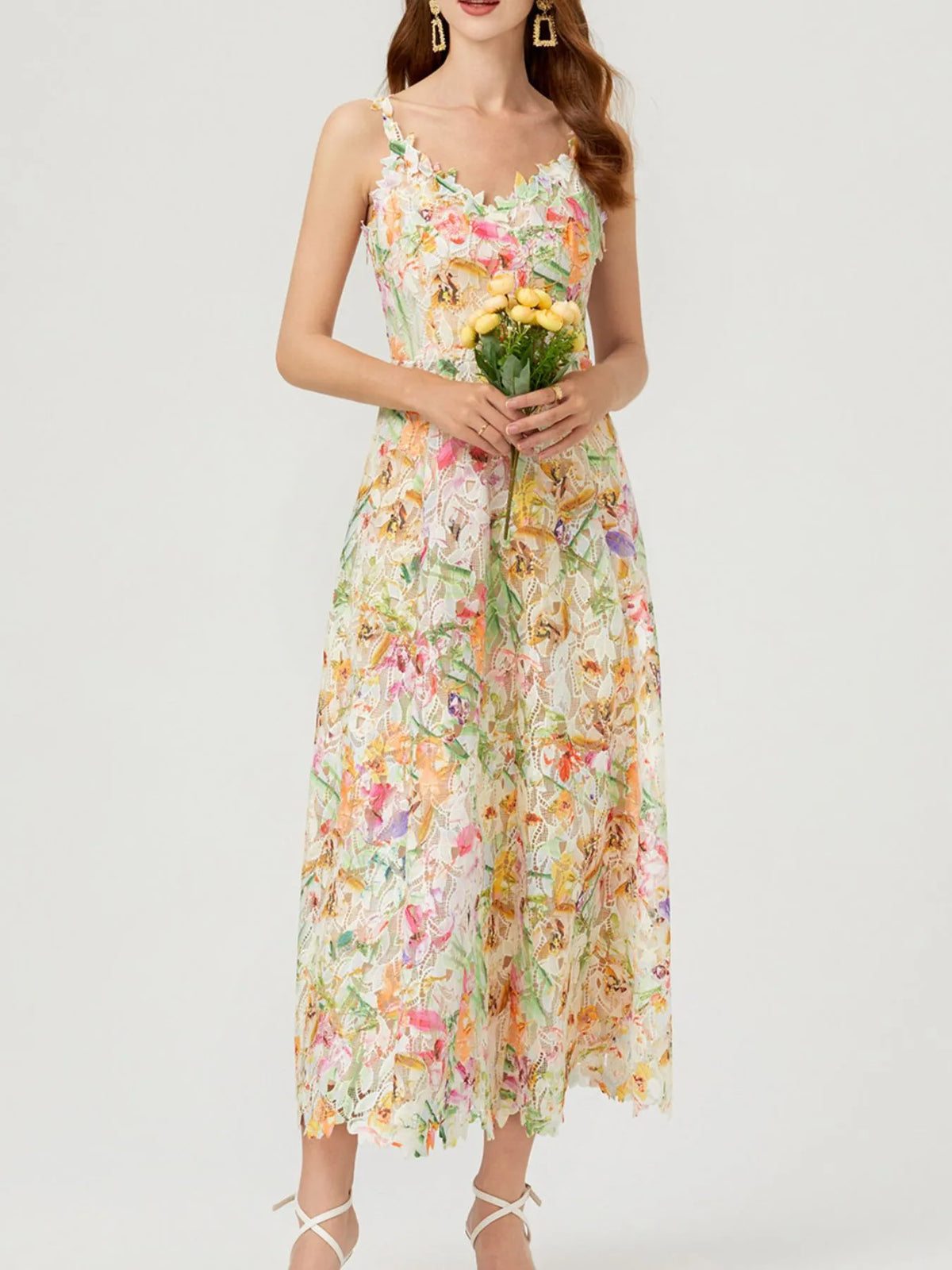 Floral Lace Sleeveless V Neck Midi Dress floral lace detail