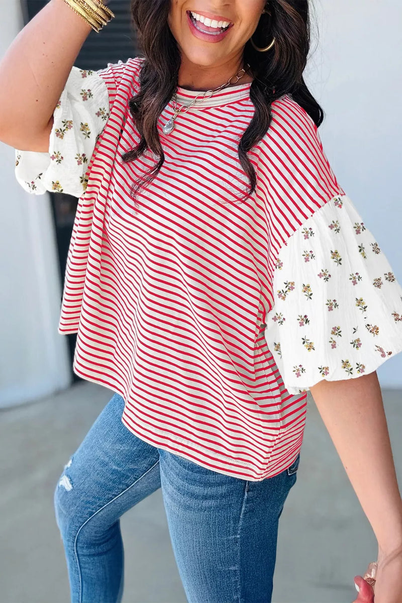 Burnt coral floral stripe patchwork puff sleeve top front view