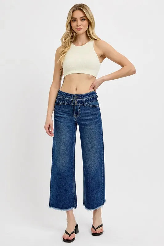 RISEN Raw Hem Wide Leg Attached Buckle Jeans - Fashorio