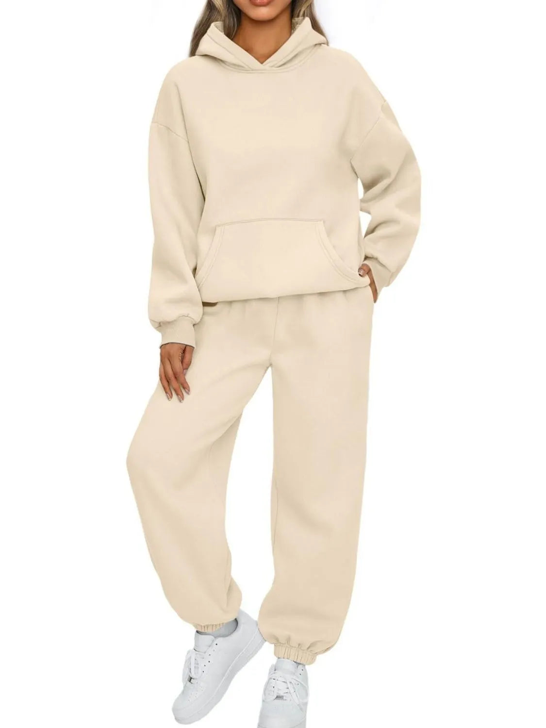 Full Size Kangaroo Pocket Hoodie and Joggers Set Plus Size Apricot - Fashorio