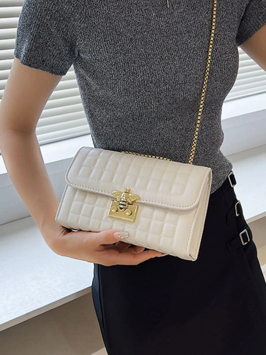 Quilted Chain Shoulder Bag Beige White One Size - Fashorio