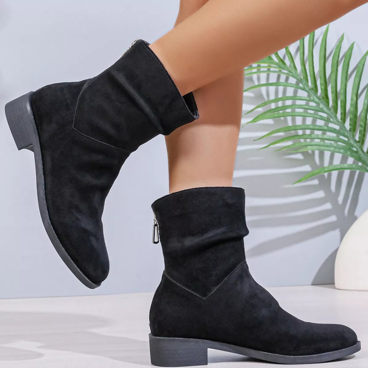 Suede Point Toe Block Heel Boots pair styled together