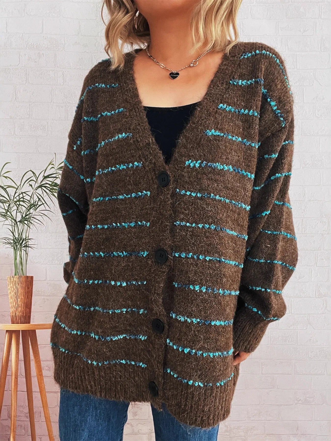 Striped Button-Up Cardigan with V-Neck Design - Fashorio