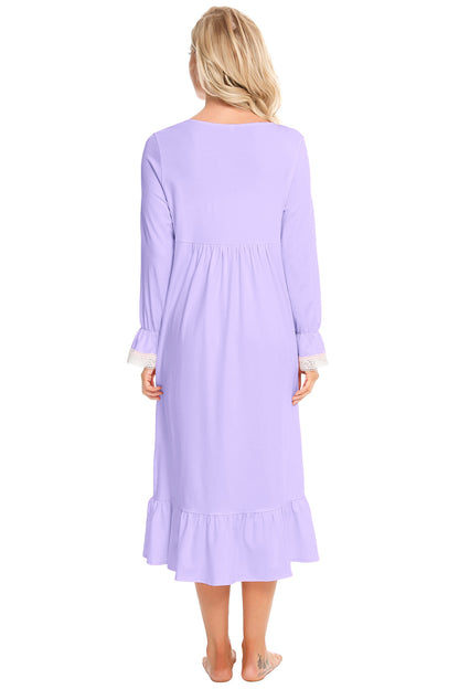 Lace Detail Square Neck Flounce Sleeve Night Dress - Fashorio
