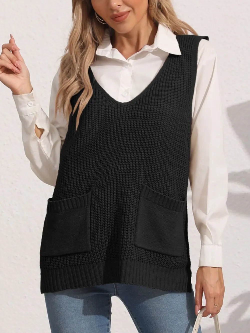 Pocketed V Neck Sweater Vest in Camel view 8