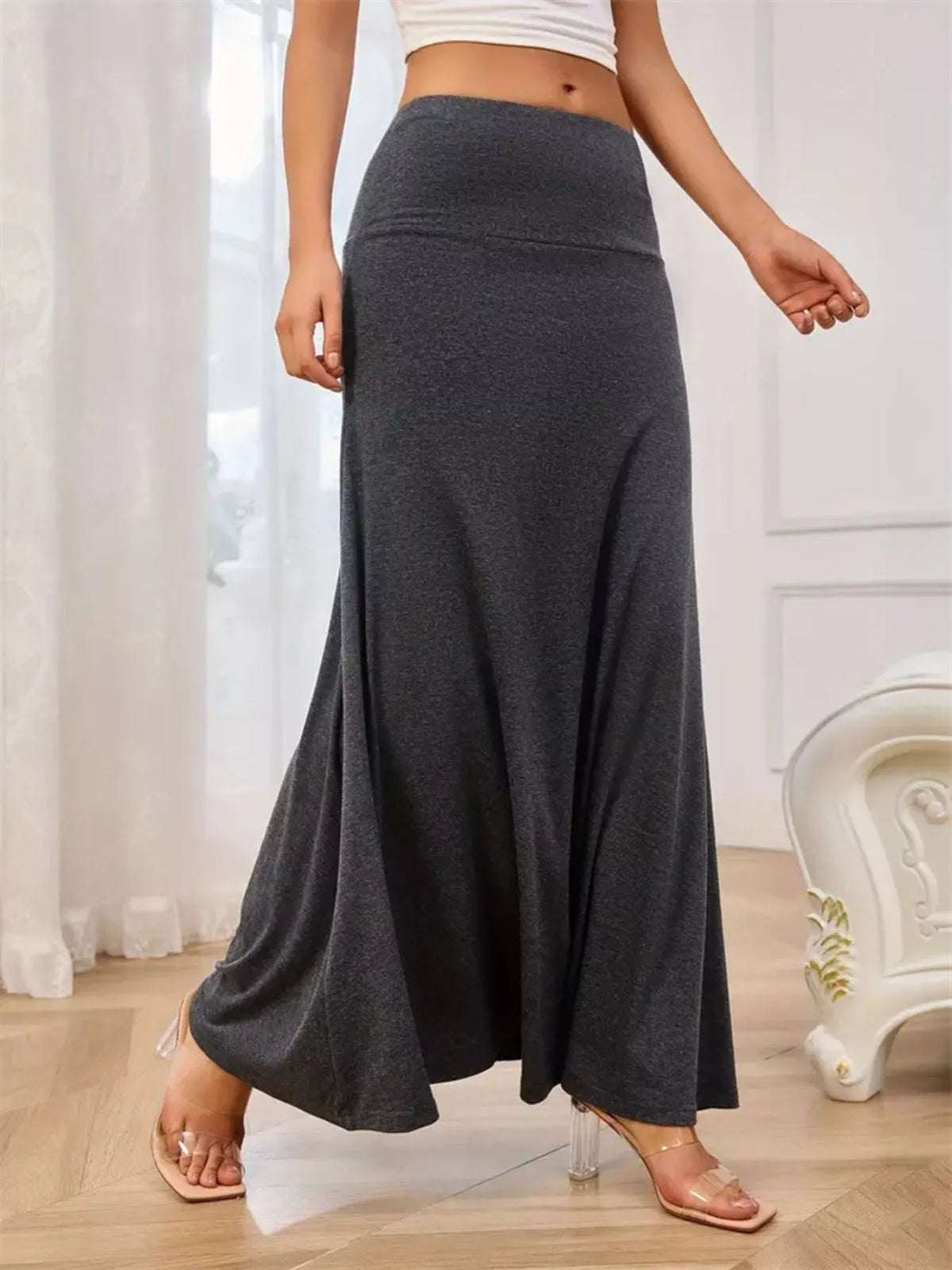 Belinda flowy maxi skirt with wide waistband, front view