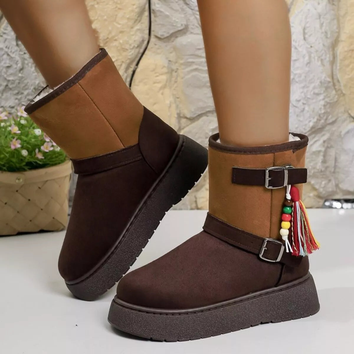 Bohemian Style Ankle Boots with Tassel Decor back view