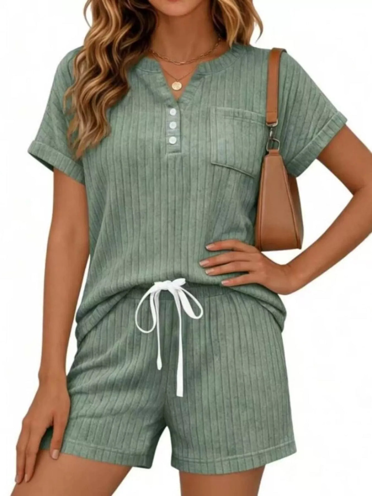 Ribbed knit tee and shorts set side view