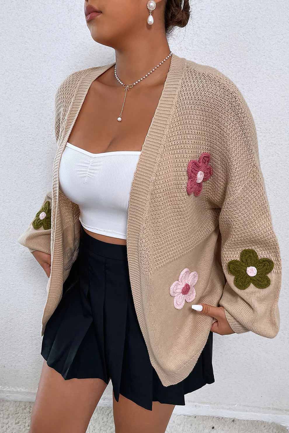 Floral Applique Drop Shoulder Open Front Cardigan - Fashorio