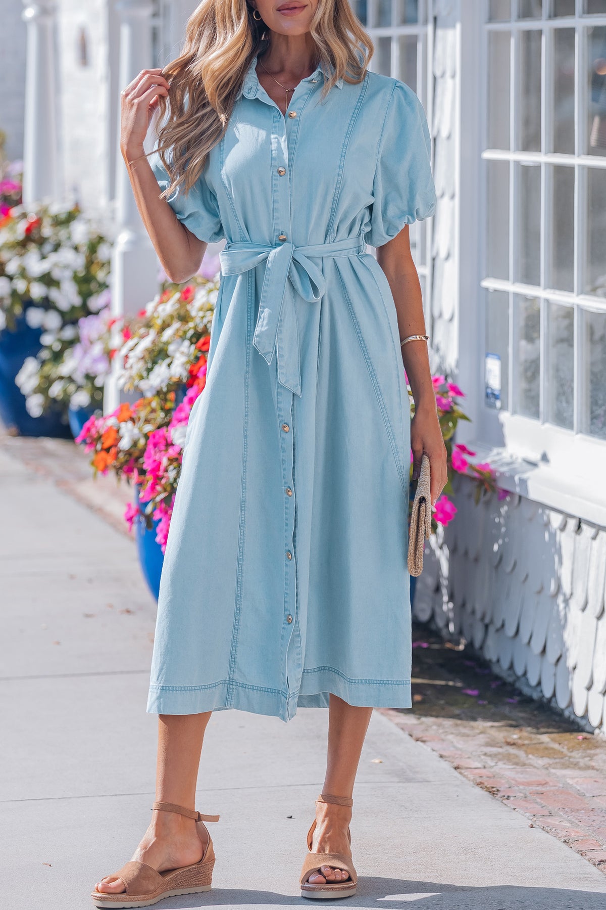 Long cotton denim dress standing pose
